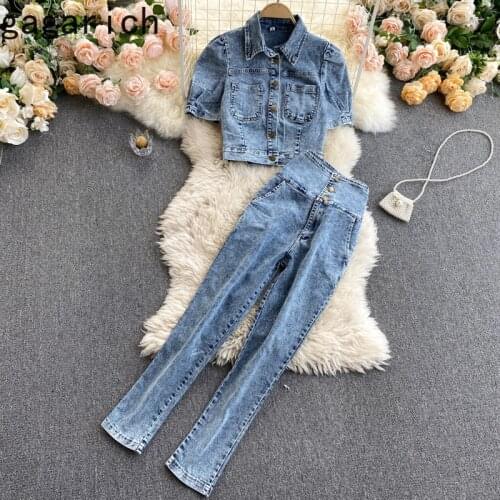 Gagarich Woman Set Hong Kong Wind Retro Turn Down Collar Short Sleeve Denim Top High Waist Thin Pencil Pant Two Piece Set Female