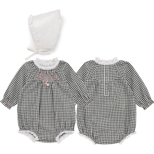 Newborn Girls Loving Heart Jumpsuits Ruffle Clothes Baby Grid Rompers Bait Long Sleeve Children Rompers + Hat Autumn Clothes