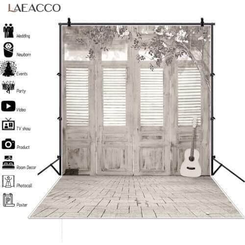 Laeacco Gray White Simple Decor House Door Guitar Flower Baby Shower Interior Photo Background Photography Backdrop Photo Studio