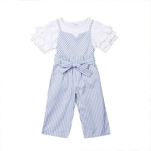 2019 New Brand Summer Toddler Baby Girl Clothes Short Ruffles Sleeve Top +Striped Romper Overalls 2pcs Outfit Size 2-6Y
