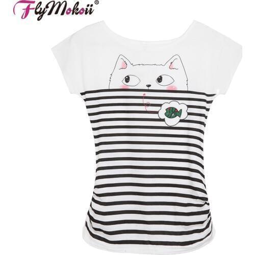 Top Selling Women Clothes Casual Loose Summer Short Sleeve Striped Tees Print Female Cotton White T shirt