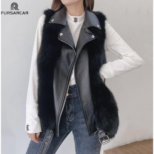 FURSARCAR Fashion Real Fox Fur Vest With Genuine Sheepskin Leather Wholeskin Natural Fox Fur Women Jacket Luxury Winter Outwear