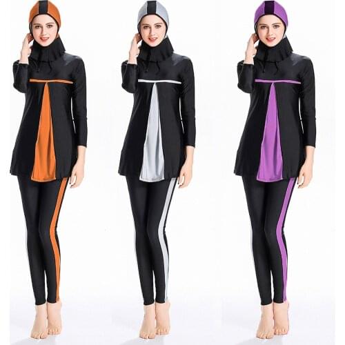 Muslim Swimwear Women Slim-fit Color Block Swimsuit Conservative Suit S-4XL