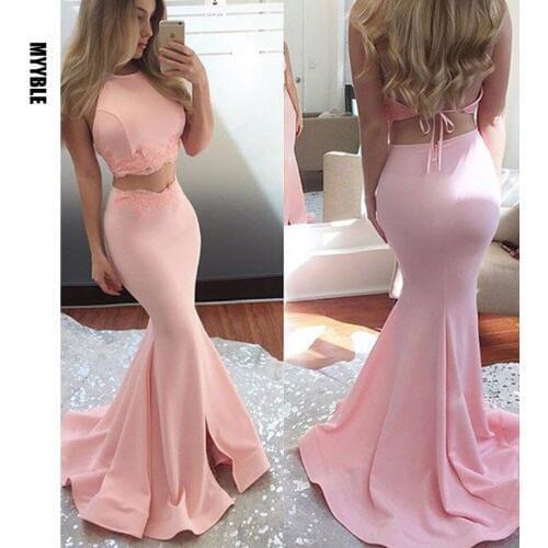 MYYBLE Mermaid Evening Dresses 2020 O-neck Sleeveless Backless Sweep Train Satin and Lace 2020 Sexy Prom Dress Long Vestidos