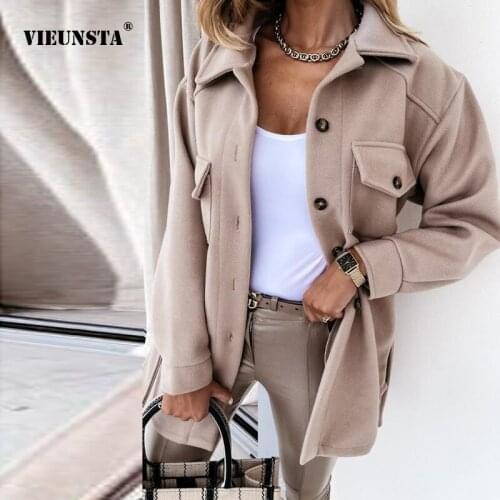 VIEUNSTA Autumn Winter Woolen Cloth Solid Color Bandage Coat Elegant lapel Long Sleeve Straight Mid-Length Coat Womens Clothing