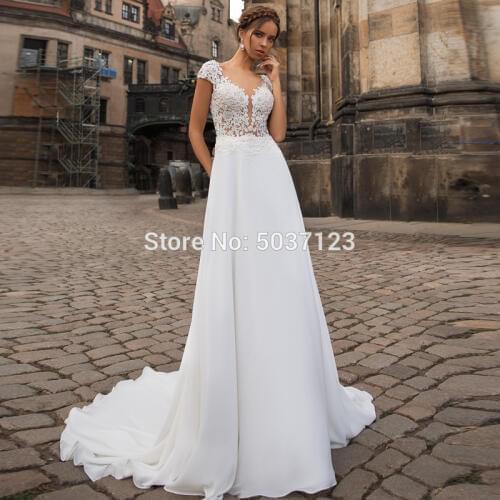 Beach A Line Chiffon Wedding Dresses Cap Sleeves Lace Appliques Button Illusion Bridal Gown Court Train Vestido De Noiva