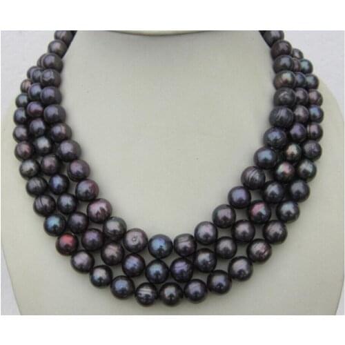 Genuine 50" AAA 9-10mm BLACK TAHITIAN PEARL NECKLACE K YELLOW GOLDEN