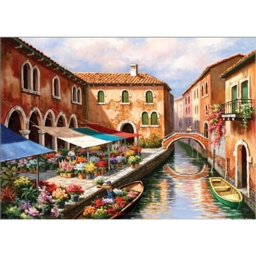 Full Embroidery Counted Cross Stitch Kits Needlework - Crafts 14 ct Aida DIY Arts Handmade Decor - Flower Market On The Canal