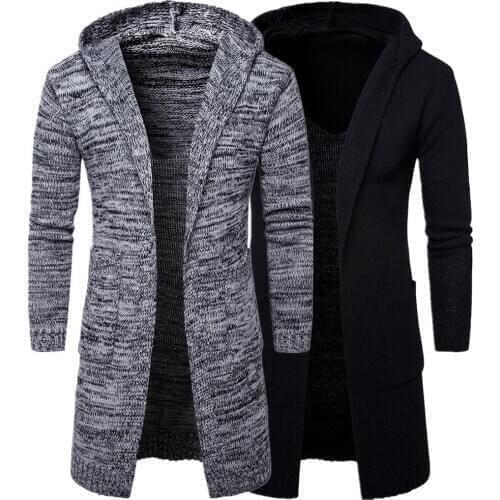 Casual Men Solid Color Long Sleeve Pockets Thick Knitted Cardigan Hooded Coat