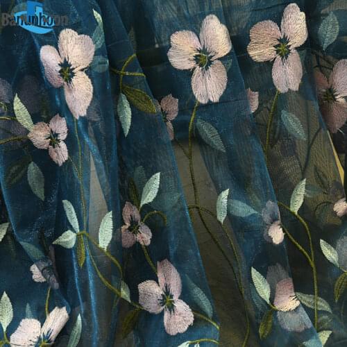 Perspective Curtains Luxury Embroidered Floral Tulle Blue red Sheer Voile For Living Room Bedroom Window Drape