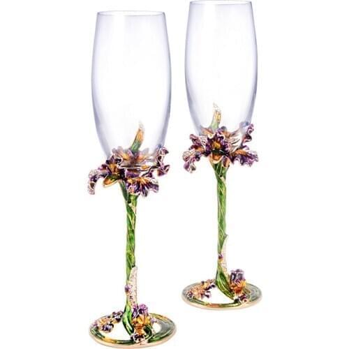 Iris 1 Pair Crystal Wine Glasses Cup Wedding Party Reception Champagne Flutes Fashion Enamel Wine Glass Gift Package