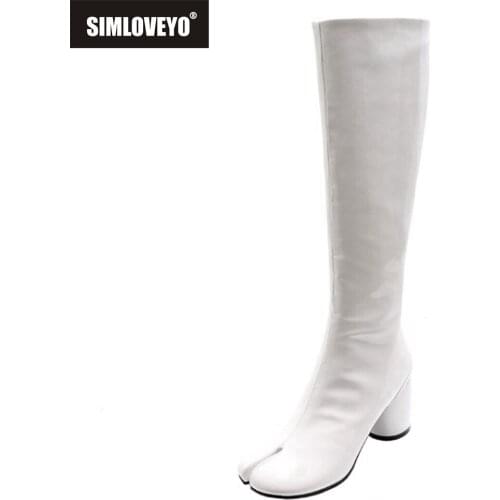 SIMLOVEYO 2021 New Design Fur Women Patent Leather Mortorcycle Ridding Knee High Chunky Boots Slim 7cm Block Heel Zip 40 S2421