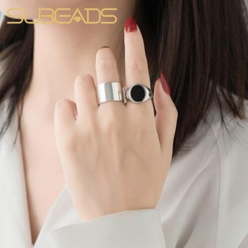 Subeads Real 925 Sterling Silver Opening Ring For Women Fashion Black Epoxy Adjustable Finger Rings Fine Party Jewelry Gifts