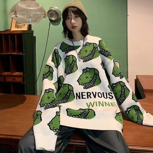 Korean Streetwear Loose Y2K Fashion Pullover Kawaii Crocodile Hip Hop Knit Sweater Winter Loose Autumn Winter Women Y2K Clothes