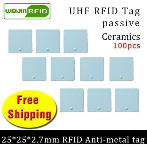 UHF RFID metal tag 915m 868m Alien H3 EPC ISO18000 6c 100pcs free shipping 25*25*2.7mm fixed assets Ceramics passive RFID tags