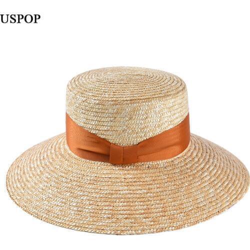 USPOP New summer sun hat for women female vintage flat top natural straw hat wide brim bow beach hat
