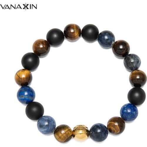 VANAXIN Mens Beaded Bracelet with Matte Onyx Yellow Tiger Eye Blue Lapis Stainless Steel 10MM Wristband Jewellery Fine Quality