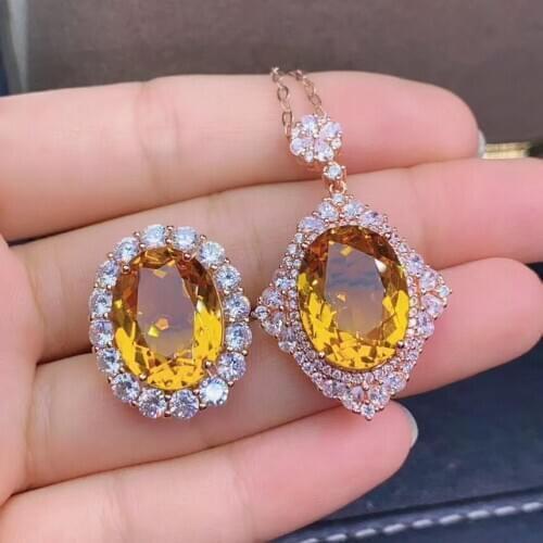 Anniversary Best Gift Real natural citrine jewelry set Natural Real citrine 925 sterling silver 1 pendant, 1 ring