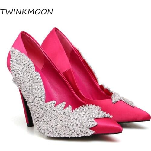 Runway style Rhinestone Women Party Pumps Silk Point Toe Stiletto High Heels Elegant Lady Crystal Flower Wedding Shoes