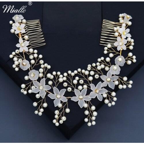 Miallo Handmade Pearl Flower Headband for Women Hair Combs Bridal Wedding Hair Accessories Bride Party Headpiece Jewelry Gift