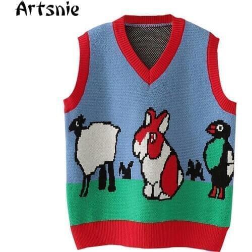Artsnie vintage cartoon sweater vest women winter 2020 v neck sleeveless striped casual pull femme warm sweaters vest jumper