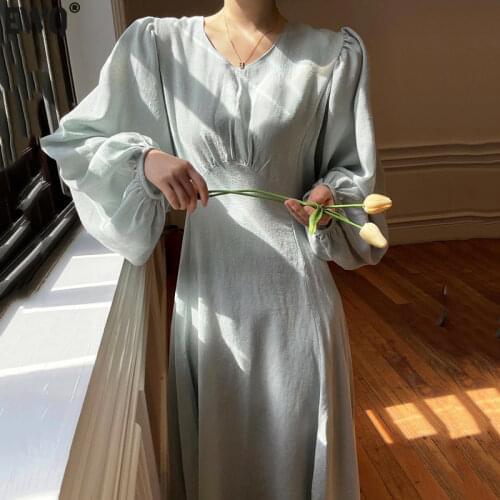 [EWQ] Korea White Autumn Temperament Casual Thin V-neck Lace Up Waist Over Knee Long Solid Lantern Sleeve Dress 2021 16E2942