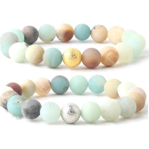 Gold Silvering Beads Couple Bracelet Natural Stone Matte Amazonite Round Beads Chain length 19cm For Men Women 4mm 6mm 8mm 10mm