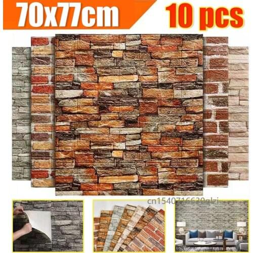 10Pcs 3D Brick Wall Sticker Retro Brick Stone Pattern Self-Adhesive Anti-Collision Wallpaper Foam Panel 70X77cm Home Decoration