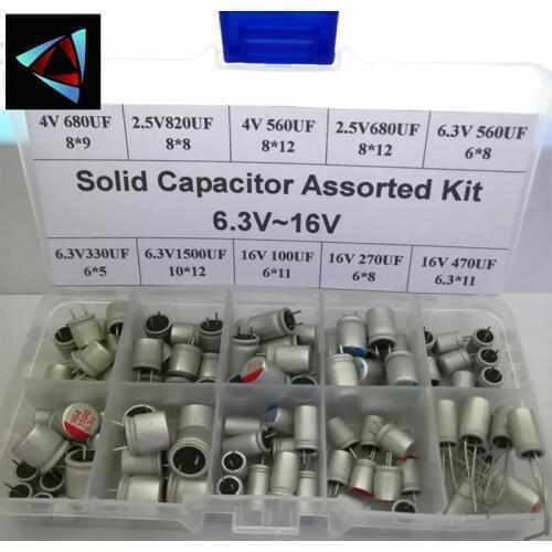 10 Values 100pcs Solid Capacitor Assorted Kit 6.3V~16V 100uF~1500uF With Box Capacitors Electronic Components