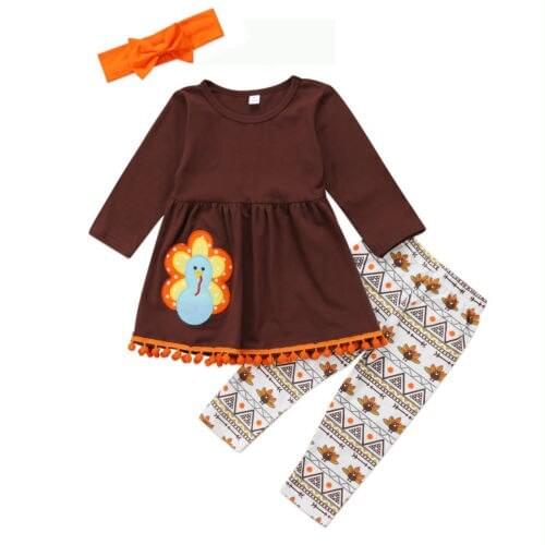 2017 Winter Kids Baby Girls Turkey Outfits Clothes Long Sleeve Tops Shirt+Pants Leggings +Headband 3pcs Xmas Set Size 3-7T