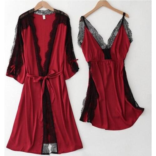 Burgundy Kimono Robe Gown Suit Female Sexy Deep V-Neck Hollow Out Nightgown Spring Summer Ice Silk Sleepwear Lace Bow Bathrobe