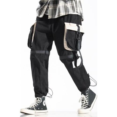 Ribbons Pockets Harem Pants Men Autumn Winter Casual Sweatpants Hip Hop Joggers Pop Design Loose Pencil Pants Streetwear