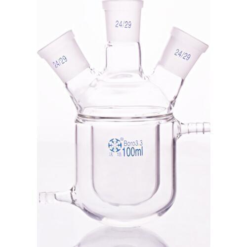 Double-deck cylindrical three-necked round bottom flask,Capacity 100ml,Joint 24/29,Mezzanine jacketed reactor bottle