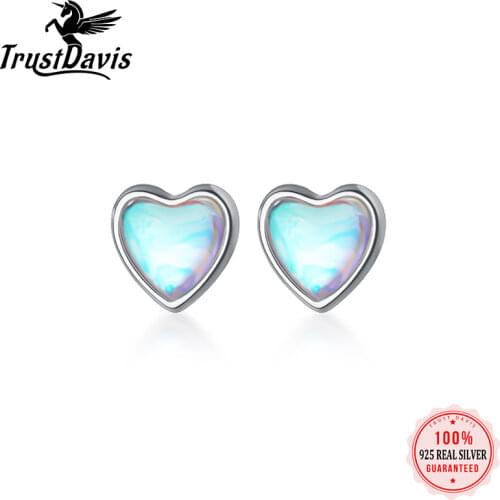 ElfoPlataSi Real 925 Sterling Silver Fashion Romantic Heart Synthetic Opal Stud Earring for Women Wedding Fine Jewelry DS512
