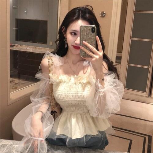 HStar sweet slash neck puff sleeve off shoulder patchwork mash Summer and autumn tops high quality shirts