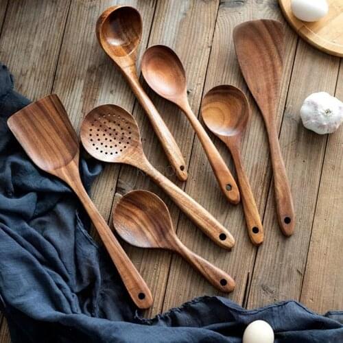 Kitchen Skimmer Teak Natural Wood Tableware Nonstick Special Spatula Cooking Long Handle Ladle Wooden Slotted Spoon Kitchen Tool