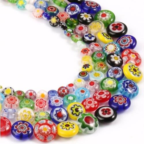 Millefiori Flower Pattern Lampwork Glass Flat Round Beads for Jewelry Making Diy Bracelet Crafts Accessories 15'' Strand