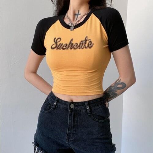 Fashion Women T Shirt Short Sleeve Summer Casual Block Crop Top Female Tops Fashion Letter Print Suchcute T-Shirt for Girls