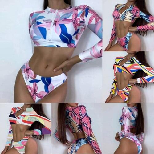 Fashion Women Printed Bikini Push-Up Padded Swimwear Swimsuit Beachwear Set Split Swimsuit Long Sleeve Sexy Beachwear Bathing