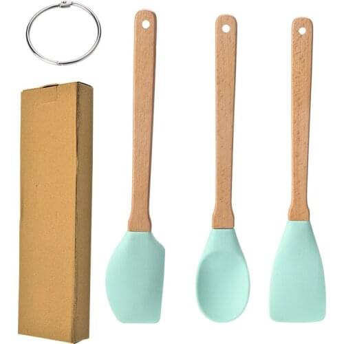 Wood Handle Silicone Kitchenware 3-piece Set of Heat Resistant Beech Silicone Spatula Spoon Scraper Baking Tools Non-stick Pan