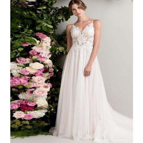 Charming V Neck Wedding Dress Vestido De Noiva Spaghetti Straps A Line Lace Appliques Wedding Gowns Backless Bridal Dresses