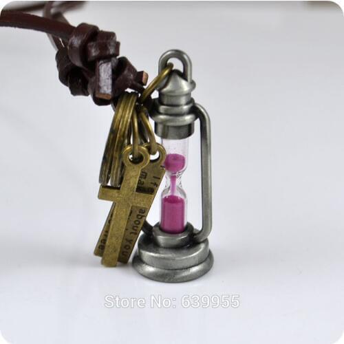 Hourglass mini sand clock Cross Pendant Leather Necklace Catholic Christan Fashion Religious jewelry