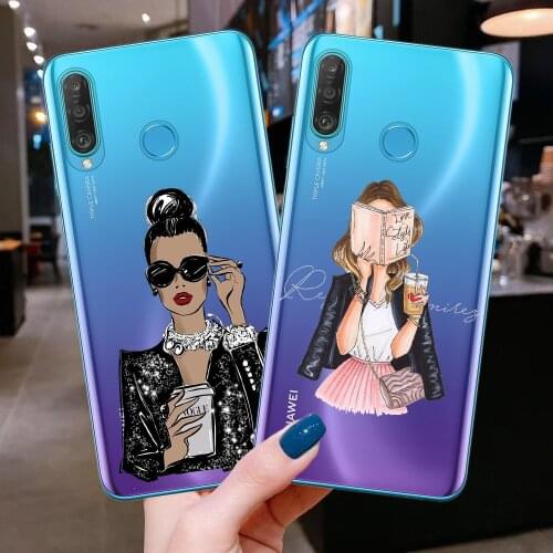 Clear Silicone Phone Case For Huawei P10 P20 P30 P40 Lite E Pro Honor 10 20 Lite Pro10i 8C 8X 9X Pro Cute GIRL Coffee Book Cover