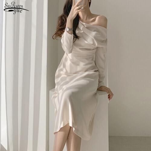 Spring Summer Dress Women 2021 Slash Neck Black White Party Dress Female Long Sleeve Office Ladies Long Dresses Vestidos 13067