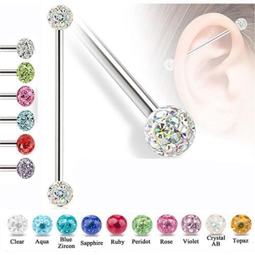 Showlove 1pc 14G Epoxy CZ Crystal Ferido Ear Helix Tragus Cartilage Industrial Barbell Piercing Surgica Steel Body Jewelry