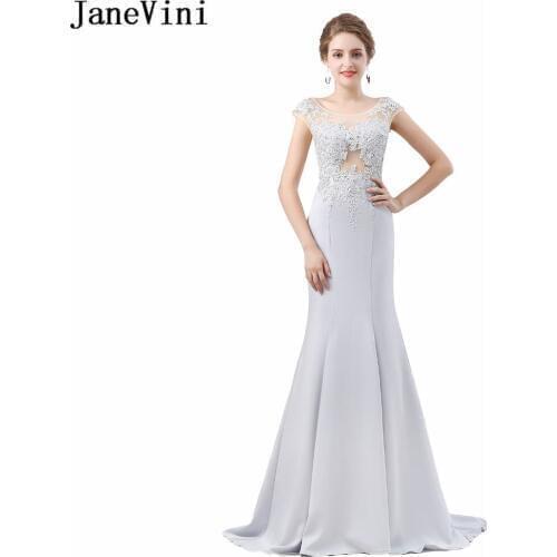 JaneVini Sexy Light Gray Bridesmaid Dresses Long Mermaid Beaded Wedding Party Dress Formal Illusion Back Gown Robe Femme Mariage