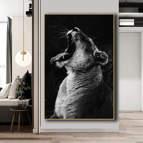 Modern Black and White Roaring Lion Animal Posters and Prints Canvas Painting Wall Art Pictures for Gallery Living Room Decor
