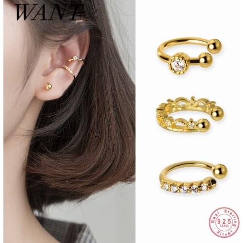 WANTME 925 Sterling Silver Fashion Punk Wave Round Zircon Ear Clips Earrings for Women Without Piercing Ear Cuff Golden Jewelry