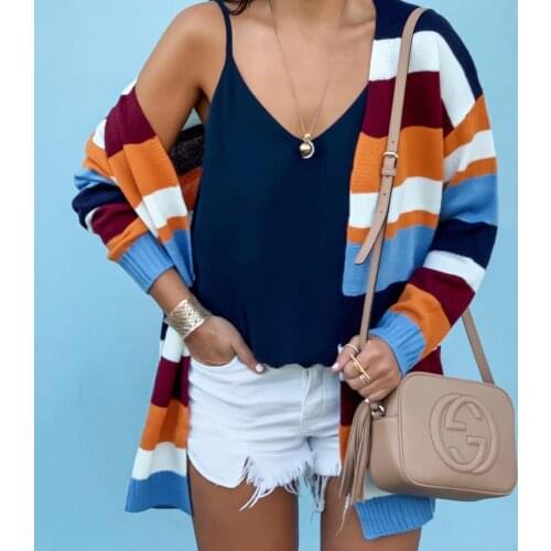 Women Striped Cardigan Long Sleeve Knitted Sweater Casual Female Color Patchwork 2019 Autumn Winter Fashion Stripe Sweaters