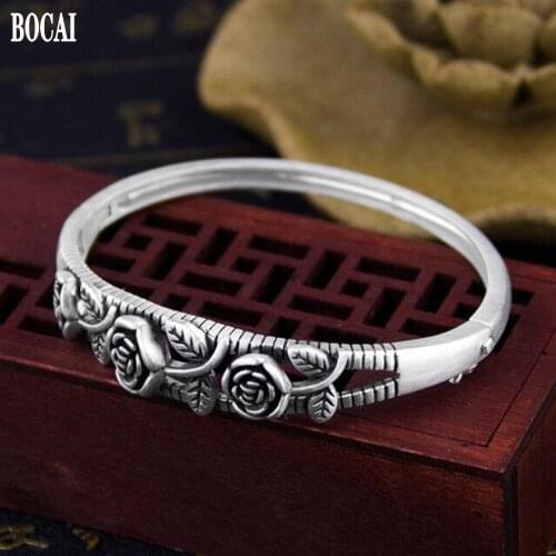 New S990 pure silver bracelet woman vintage palace rose flower embossed wild matte ladies sterling silver bracelet